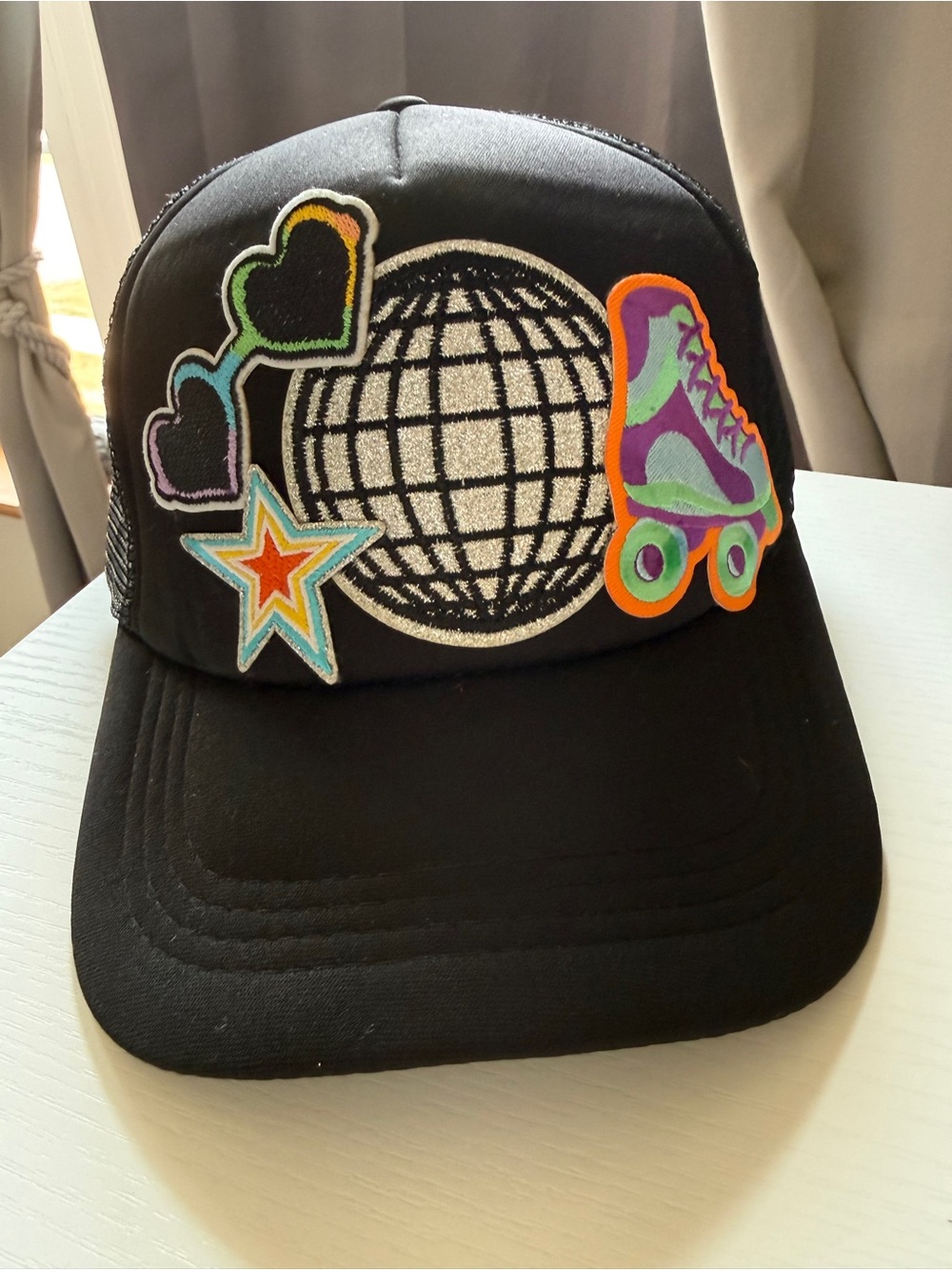 Black Patch Trucker Hat Cap Roller Skate & Disco Globe Throwback 80s 90s OS